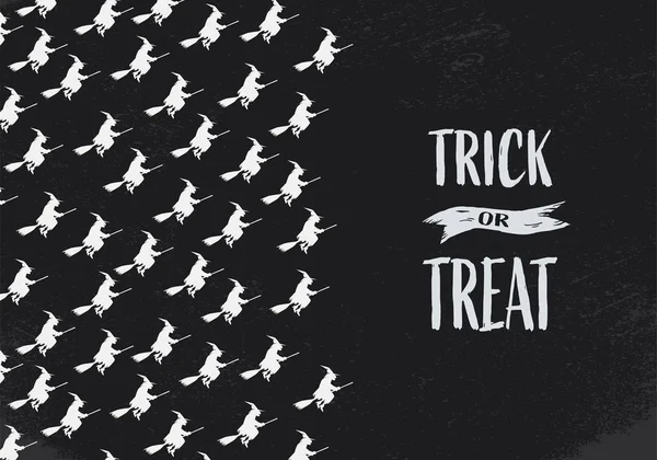 Halloween-Karte oder Party-Einladungsvektorschablone mit fliegendem Hexen-Hintergrundmuster und handgeschriebenem Trick oder Leckerbissen. vintage, retro, grunge design. — Stockvektor