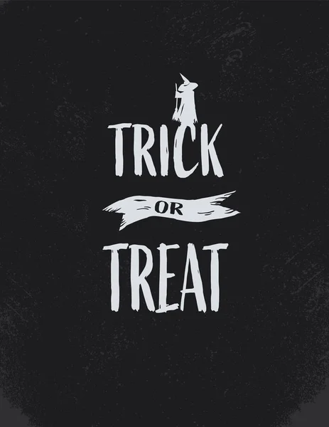 Halloween Vintage kaart vector sjabloon briefkaart met retro belettering en heks staan met een bezemsteel. Uitnodiging voor feestje, Trick or Treat Message. — Stockvector