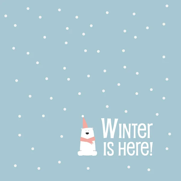 Zimní a vánoční zázemí s malým rozkošným roztomilým kreslením ledního medvěda s kloboukem a šátkem a sněhem padajícím. Šablona pro sezónní svátky. — Stockový vektor