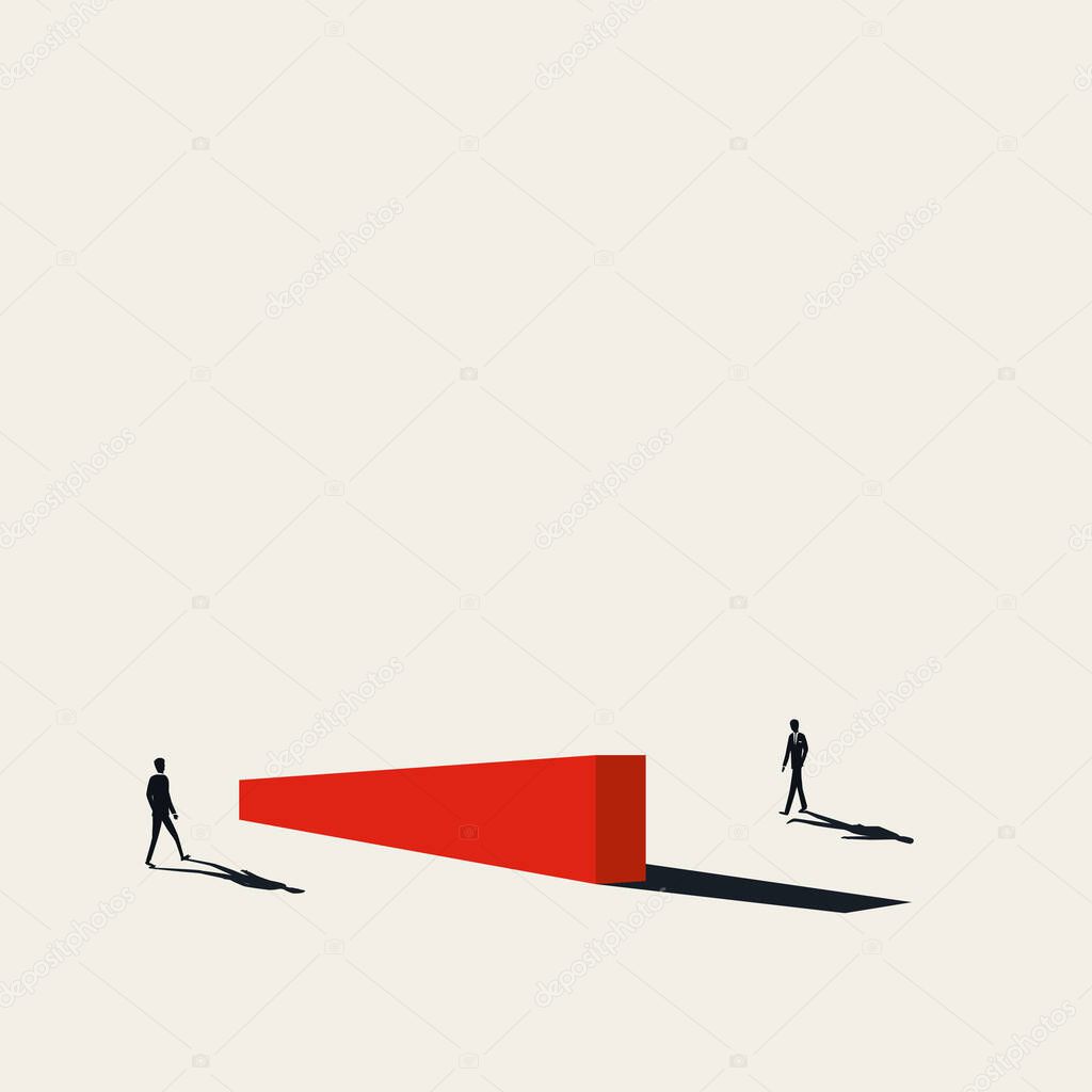 Business negotiation obstacles vector concept with businessmen approaching barrier. Overcoming challenge.