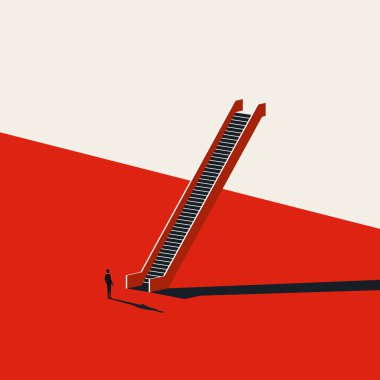 Kariyer fırsatı vektör konsepti. İşadamı merdivenlerin önünde bekliyor. Motivasyon, hırs sembolü.