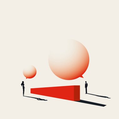 Ticari kurumsal eşitsizlik vektörü konsepti. Konuşmalarda, konuşmalarda daha az konuşan bir kadın..