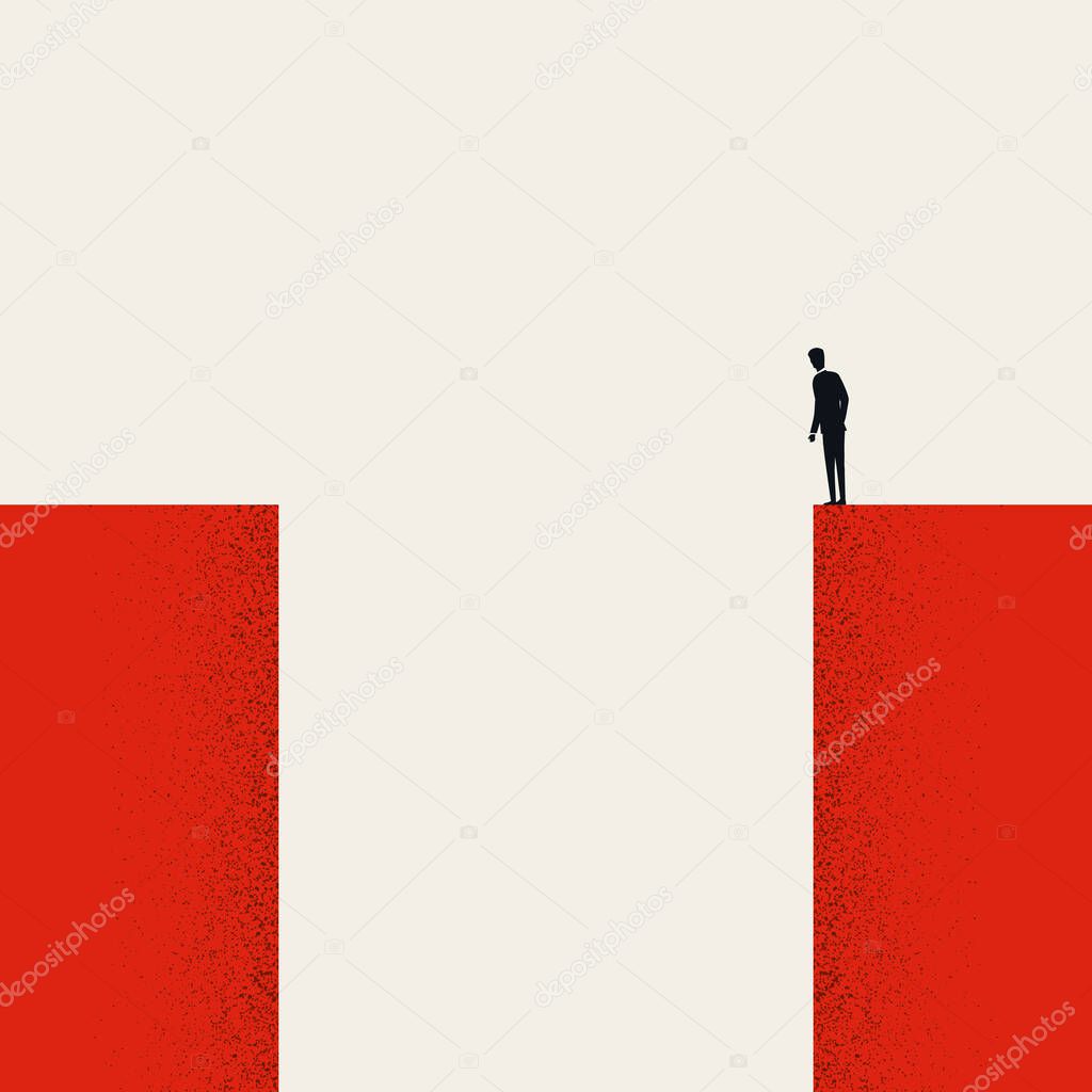 Business challenge vector concept. Businessman looking across gap. Symbol of risk, obstacle, finding solution.