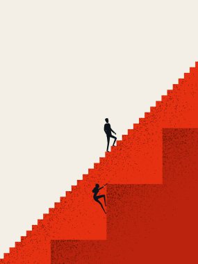 İş dünyası cinsiyet eşitsizliği konsepti iş adamı ve iş kadınıyla farklı merdivenlerde. Kariyer fırsatları.