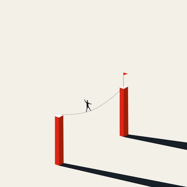 Buisnessman promenader tightrope vektor koncept. Symbol för affärsrisk, mod, övervinna utmaningar. — Stock vektor