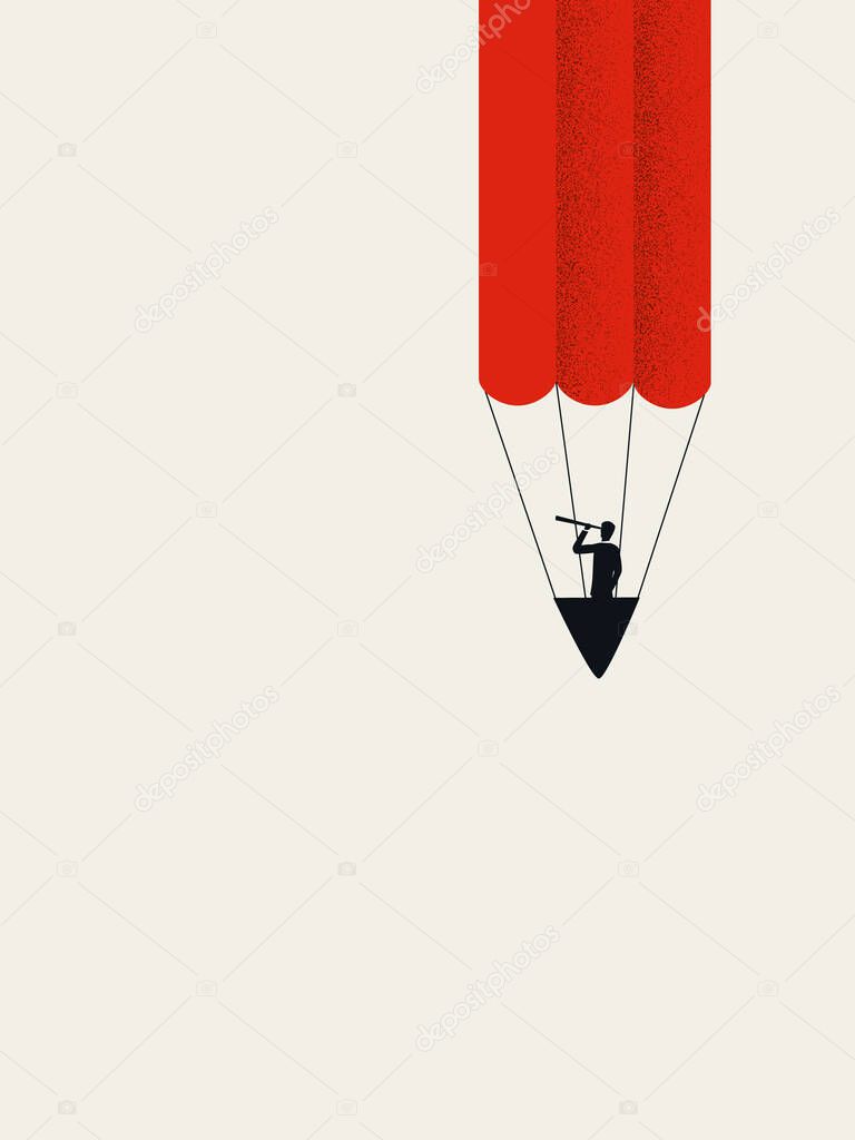 Business creativity vector concept. Innovation and inspiration symbol, visionary businessman flying balloon.