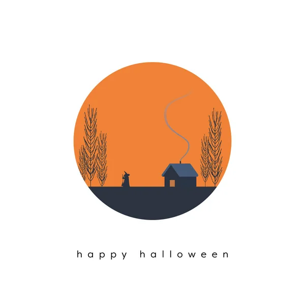 Halloween-Kartenvektorschablone mit Hexe, die zu einem Haus geht. Urlaubspostkarte mit Nachricht. — Stockvektor