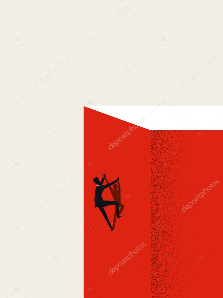 Business career success and hard work vector concept. Man climbing cliff. Symbol of growth, ambition.