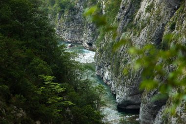 Karadağ 'ın güzel dağ ve kanyonları, Avrupa' nın Balkan Yarımadası, yeşil ormanlı kayalık dağlar ve masaüstünüzdeki vadiyi ve manzaraları oluşturan nehir.