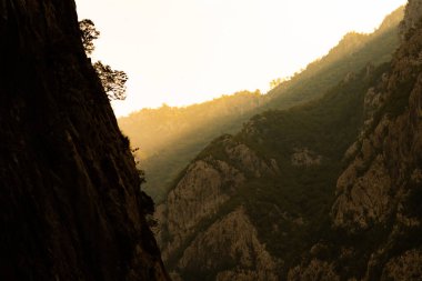 Karadağ 'ın güzel dağ ve kanyonları, Avrupa' nın Balkan Yarımadası, yeşil ormanlı kayalık dağlar ve masaüstünüzdeki vadiyi ve manzaraları oluşturan nehir.