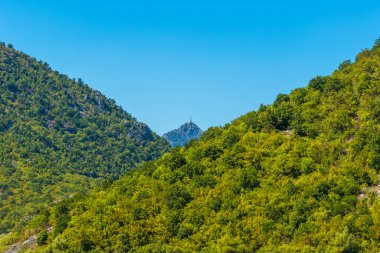 Skadar Gölü Ulusal Parkı, sudaki zambaklar ve su zambakları, parlak güneşli bir gün ve dağlı güzel manzaralar, tekne ve tekne gezisi, Karadağ 'ın doğa ve kuşları, turizm ve seyahat
