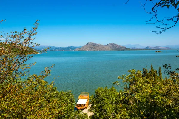 Skadar Gölü Ulusal Parkı, sudaki zambaklar ve su zambakları, parlak güneşli bir gün ve dağlı güzel manzaralar, tekne ve tekne gezisi, Karadağ 'ın doğa ve kuşları, turizm ve seyahat