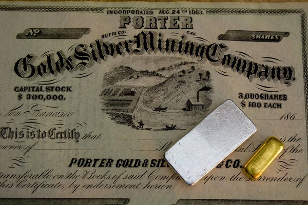 Authentic 1860S Mining Company Stock Certificate California Usa Silver Gold — Stock Photo, Image