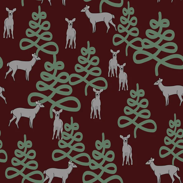 Bordo Kırmızı Dikişsiz Tekrar Desen Vektör Yeşil Ağaçlar ve Kahverengi Geyik