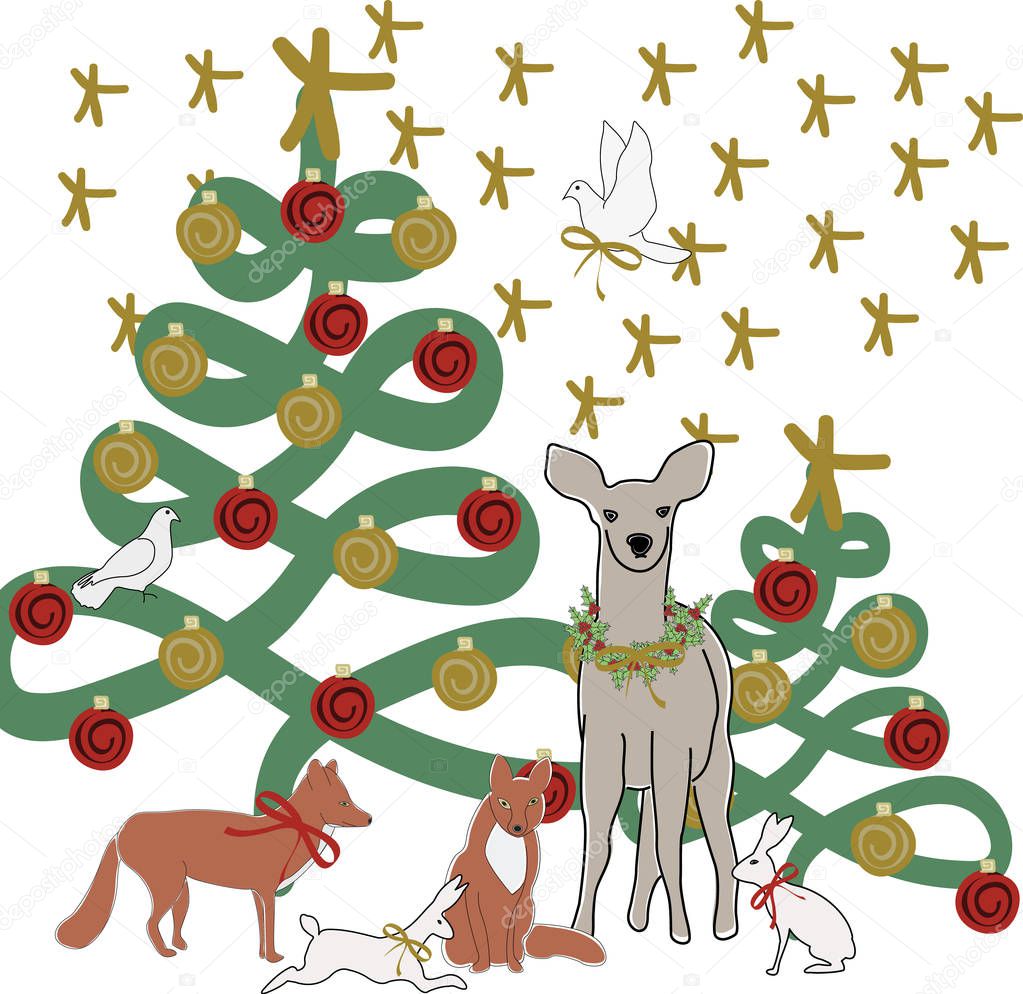 Vector Christmas Tree with Deer Fox Rabbits Doves and Stars Illustration