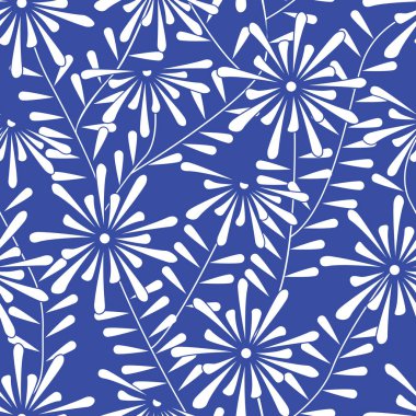 Mavi Dikişsiz Tekrar Desen Vektör Beyaz Çiçekler