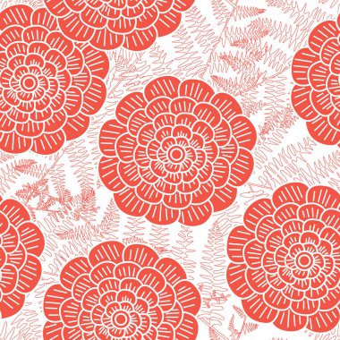 Vektör Kırmızı Çiçekler ve Eğrelti Otu Beyaz Dikişsiz Tekrar Desen