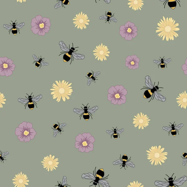 Vektör Arılar, Mor ve Sarı Çiçekler Yeşil Dikişsiz Tekrar Desen
