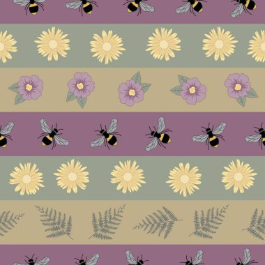 Vektör Arılar, Yeşil Eğrelti otları, Mor ve Sarı Çiçekler Çizgili Dikişsiz Tekrar Desen