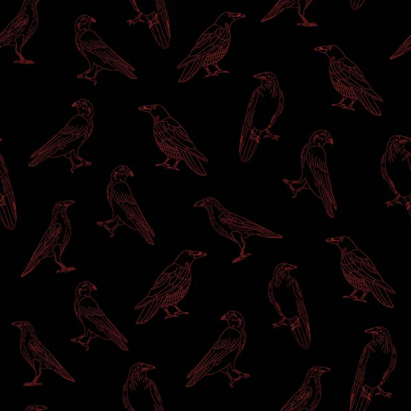 벡터 검은 빨간 까마귀 까마귀 새에 검정 배경 원활한 반복 패턴 — 스톡 벡터