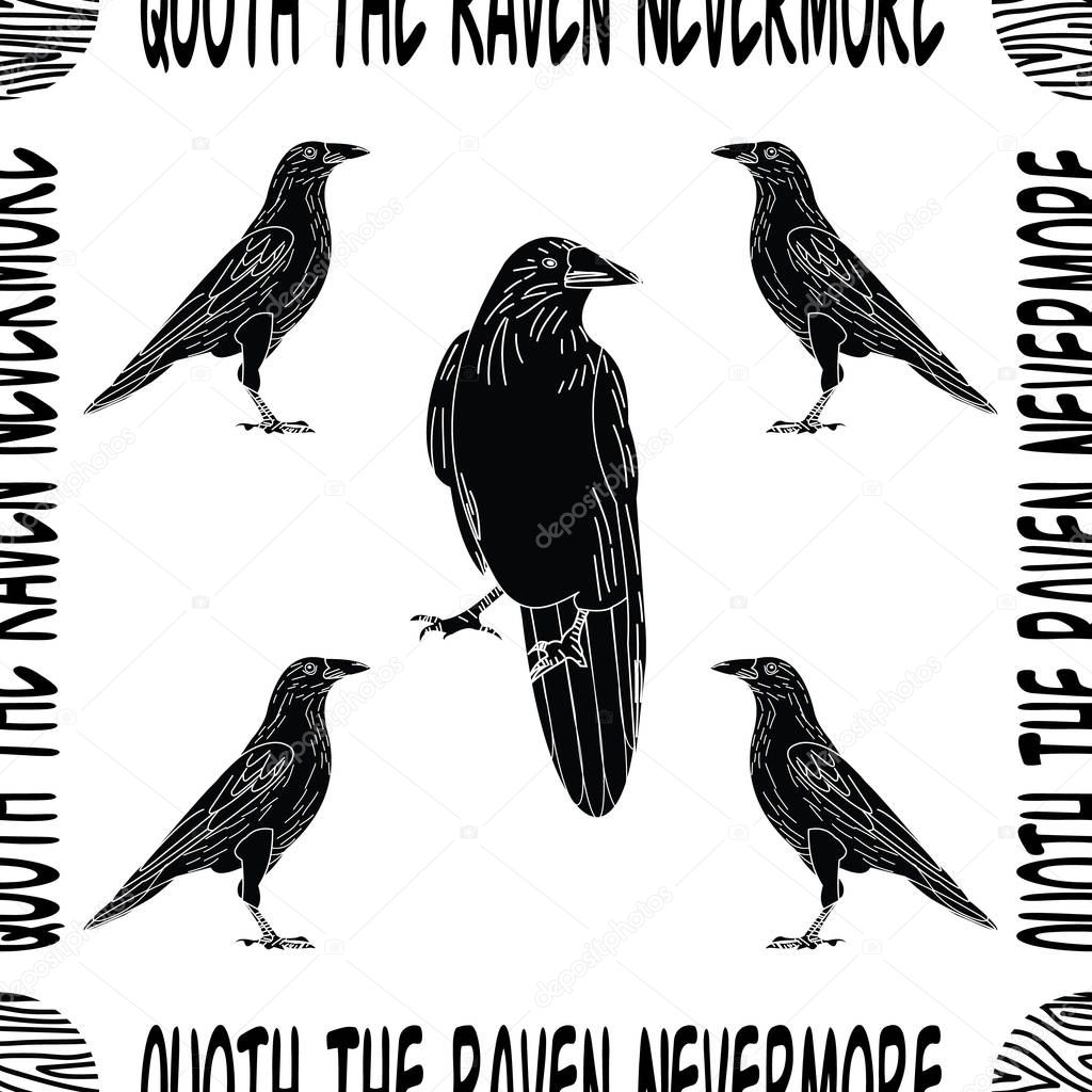Vector Black Crows Ravens Birds on White with Poe Quote Seamless Repeat Pattern