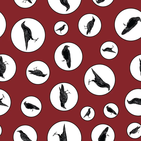 Vektor schwarze Krähen Raben Vögel in weißen Tupfen auf rotem Hintergrund nahtlose Wiederholung Muster — Stockvektor