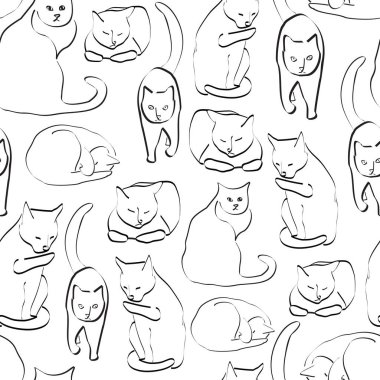 Beyaz Arka Plan Dikişsiz Tekrar Desen Vektör Siyah beyaz Kediler