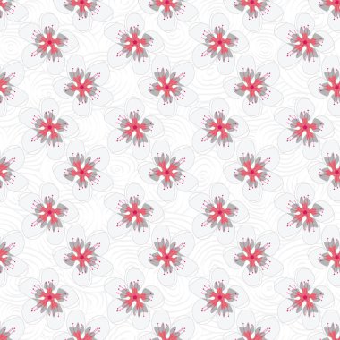 Beyaz Doku Üzerine Vektör Mercan Beyaz Gri Çiçekler Kusursuz Tekrarlama Deseni