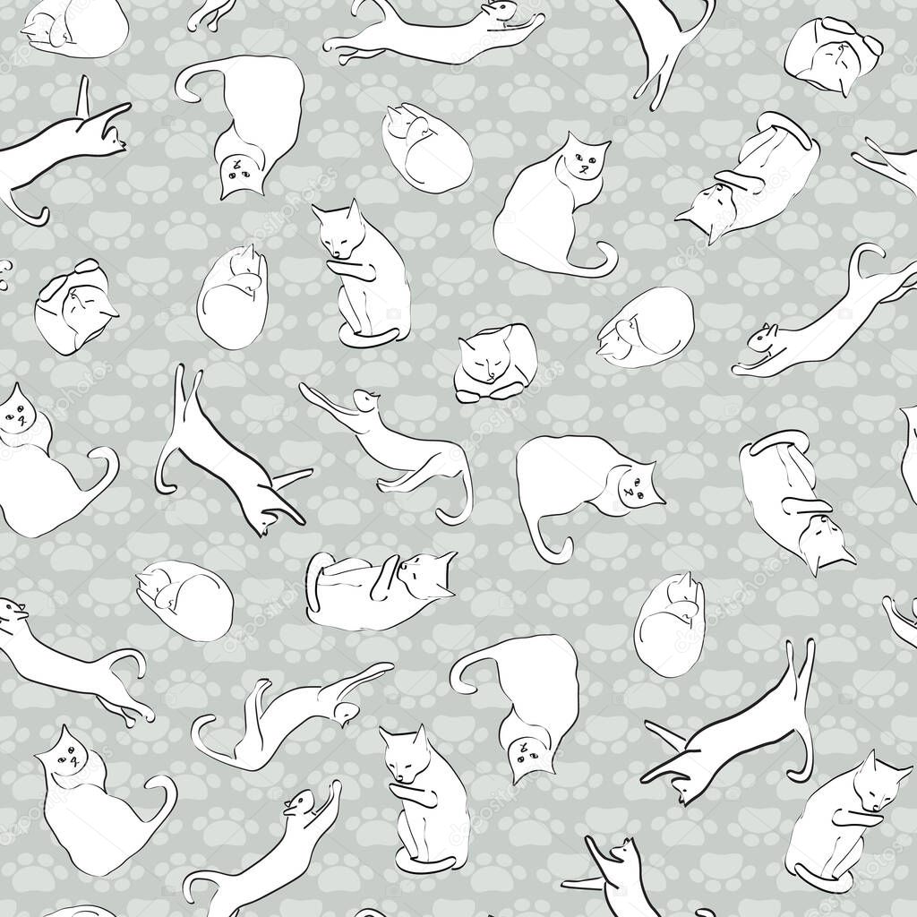 Vector Black and White Cats on Gray Background Seamless Repeat Pattern