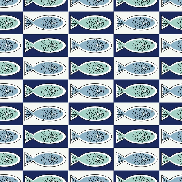 Vector de pescado azul y verde en blanco y azul cuadrados sin costuras patrón de repetición. Fondo para textiles, tarjetas, fabricación, fondos de pantalla, impresión, envoltura de regalo y scrapbooking . — Vector de stock