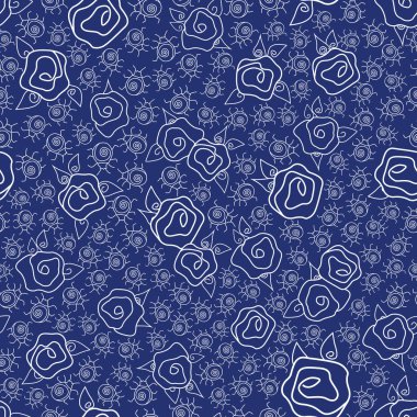 Vektör Gül Çiçekleri ve Böcekler Mavi Arkaplanda Beyaz Çizgiler Kusursuz Tekrarlama Deseni. Tekstil, kartlar, imalat, duvar kağıtları, baskı, hediye paketi ve yapıştırma kitabı için arkaplan.