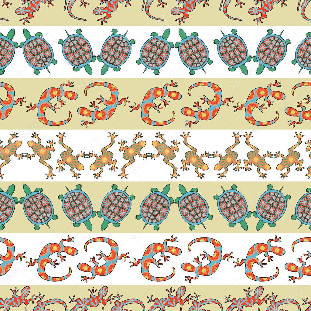 Vector Floral Lizards, Turtles, Frogs on Green and White Stripes Background Seamless Repeat Pattern. Background for textiles, cards, manufacturing, wallpapers, print, gift wrap and scrapbooking.