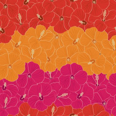 Vektör Hibiscus Çiçekleri Pembe Kırmızı Turuncu Kusursuz Tekrarlama Modeli. Tekstil, kartlar, imalat, duvar kağıtları, baskı, hediye paketi ve yapıştırma kitabı için arkaplan.