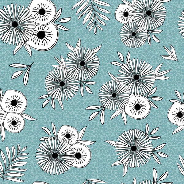 Vector Flowers in White Black auf Teal Green Hintergrund Nahtlose Wiederholung Muster. Hintergrund für Textilien, Karten, Fertigung, Tapeten, Druck, Geschenkpapier und Scrapbooking. — Stockvektor