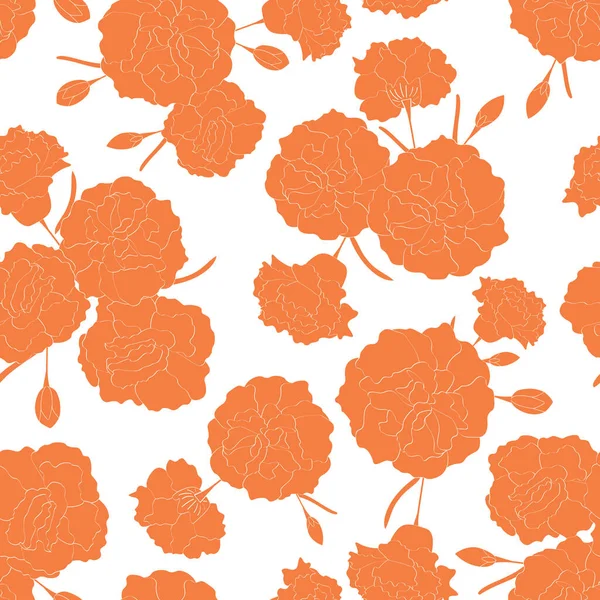 Vector Nelkenblüten Silhouetten in Orange auf weißem Hintergrund verstreut nahtlose Wiederholungsmuster. Hintergrund für Textilien, Karten, Fertigung, Tapeten, Druck, Geschenkpapier und Scrapbooking. — Stockvektor