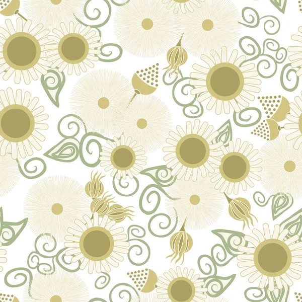 Vector Flowers in Gelbgold Weiß mit grünen Blättern auf weißem Hintergrund Nahtlose Wiederholung Muster angeordnet. Hintergrund für Textilien, Karten, Fertigung, Tapeten, Druck, Geschenkpapier und Scrapbooking — Stockvektor