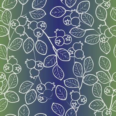 Mavi ve Yeşil Ombre çizgili arka plan üzerinde Vektör Yabanmersini Bitkileri Çizgisi Deseni. Tekstil, kartlar, imalat, duvar kağıtları, baskı, hediye paketi ve yapıştırma kitabı için arkaplan.