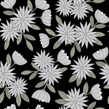 Siyah Arkaplanda Yeşil Yapraklar Olan Gri Sarı Renkli Vektör Çiçekleri Tekrarlanmayan Kalıp. Tekstil, kartlar, imalat, duvar kağıtları, baskı, hediye paketi ve yapıştırma kitabı için arkaplan.