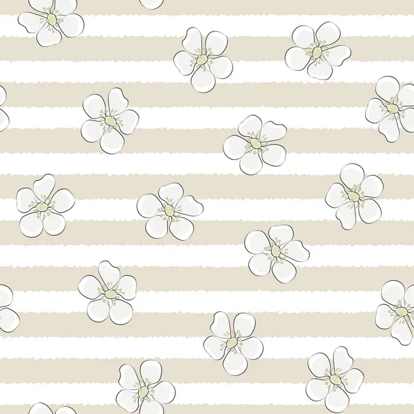 Vector White Strawberry Blooms auf beige und weiße Streifen Hintergrund nahtlose Wiederholung Muster. Hintergrund für Textilien, Karten, Fertigung, Tapeten, Druck, Geschenkpapier und Scrapbooking. — Stockvektor