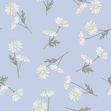 Mavi Arkaplanda Beyaz Sarı Yeşil Çiçekli Vektör Papatya Çiçekleri Kusursuz Tekrarı Modelinde. Tekstil, kartlar, imalat, duvar kağıtları, baskı, hediye paketi ve yapıştırma kitabı için arkaplan.