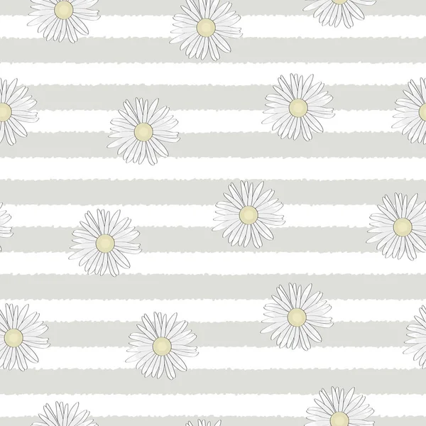 Vector Daisy Flowers in White Yellow Streuung auf weißen grünen Streifen Nahtlose Wiederholung Muster. Hintergrund für Textilien, Karten, Fertigung, Tapeten, Druck, Geschenkpapier und Scrapbooking. — Stockvektor