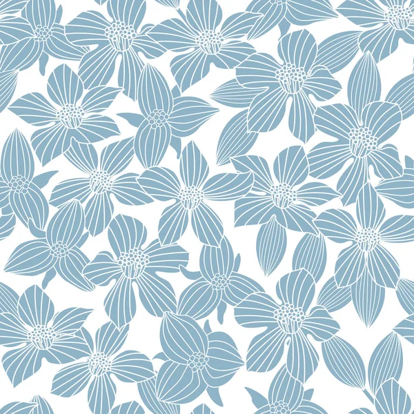 Vector siluetas florales en azul sobre fondo blanco sin costuras patrón de repetición. Fondo para textiles, tarjetas, fabricación, fondos de pantalla, impresión, envoltura de regalo y scrapbooking . — Archivo Imágenes Vectoriales