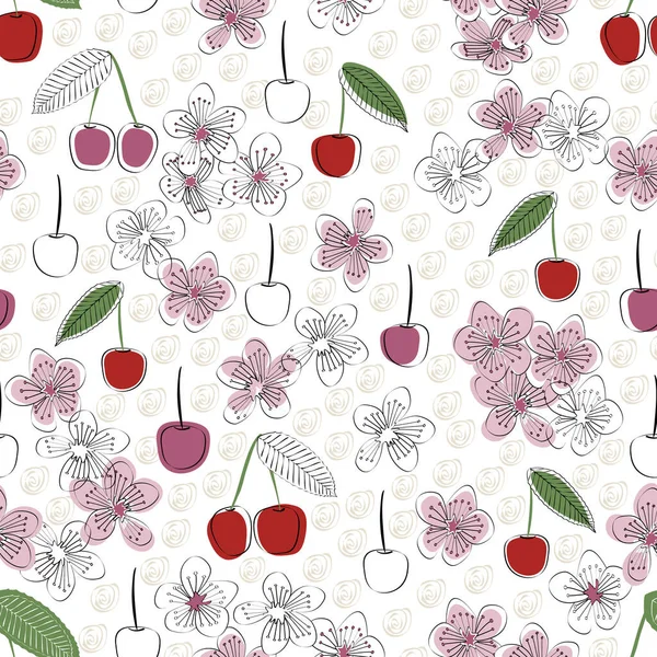 Vector cerezas y flores en rojo rosado y verde sobre fondo blanco sin costuras patrón de repetición. Fondo para textiles, tarjetas, fabricación, fondos de pantalla, impresión, envoltura de regalo y scrapbooking . — Archivo Imágenes Vectoriales