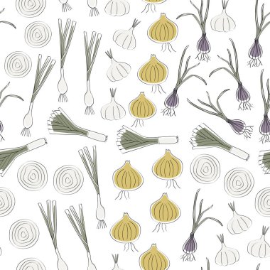 Vektör Sebzeler Sarımsaklı Soğanlar Beyaz Dikensiz Tekrarlama deseninde Leeks Shallots. Tekstil, kartlar, imalat, duvar kağıtları, baskı, hediye paketi ve yapıştırma kitabı için arkaplan.