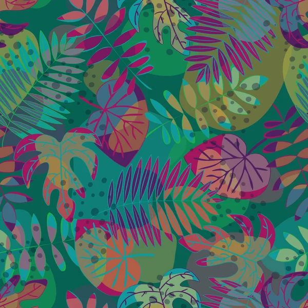 Vector Leaves in Green Pink Orange Purple Turquoise on Multicolor Background. 바다없는 패턴 반복. 직물, 카드, 제조, 벽지, 인쇄, 선물 포장 및 스크랩을 위한 배경. — 스톡 벡터