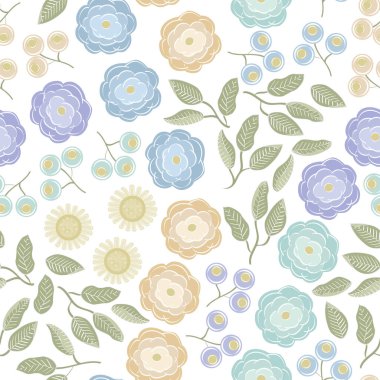 Sarı Mor Turuncu, Yeşil Yapraklı Vektör Çiçekleri Beyaz Arkaplanda Kusursuz Tekrarlama Modeli. Tekstil, kartlar, imalat, duvar kağıtları, baskı, hediye paketi ve yapıştırma kitabı için arkaplan.