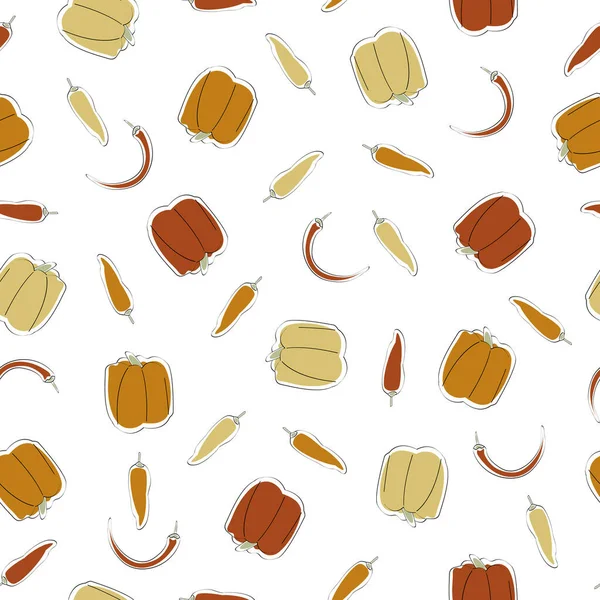 Vegetales vectoriales pimientos dulces de Cayena esparcidos sobre un patrón de repetición inconsútil blanco. Fondo para textiles, tarjetas, fabricación, fondos de pantalla, impresión, envoltura de regalo y scrapbooking . — Vector de stock