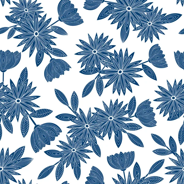 Vektor blommor i blå silhuetter spridda på vit bakgrund sömlös upprepa mönster. Bakgrund för textilier, kort, tillverkning, tapeter, tryck, presentinslagning och scrapbooking. — Stock vektor