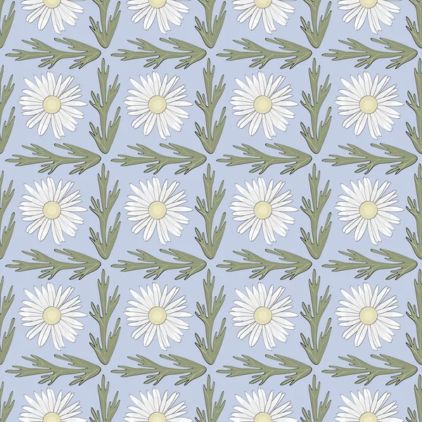 Vector Daisy Flowers in Weiß Gelb Grün auf blauem Hintergrund Nahtlose Wiederholung Muster. Hintergrund für Textilien, Karten, Fertigung, Tapeten, Druck, Geschenkpapier und Scrapbooking. — Stockvektor