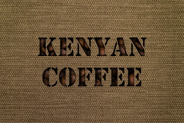 Fajták kenyai kávé szöveg készült kávébab háttér vászon szövet — Stock Fotó